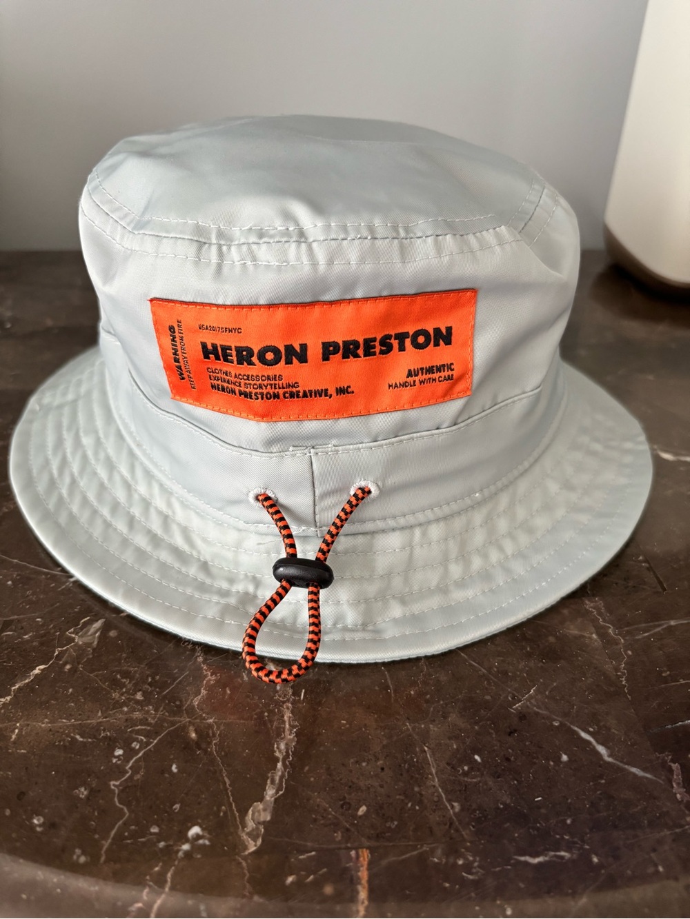Heron Preston Gray Bucket Hat with Orange Patch